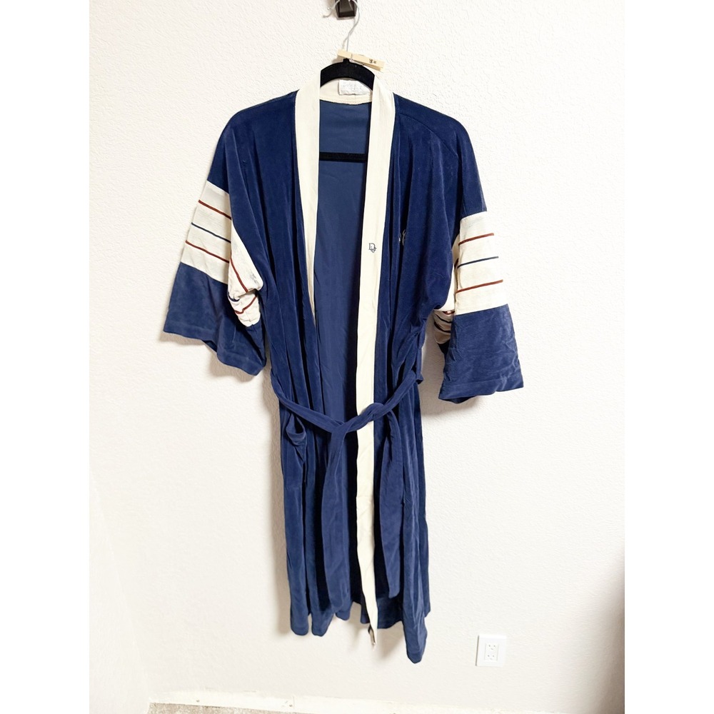 Christian Dior Monsieur Velour Robe Belted Stripe Sleeve Lounge Navy One Size